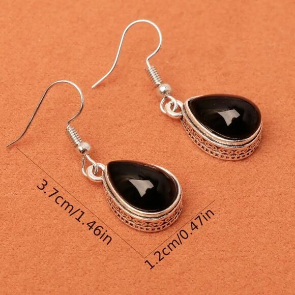 Silver Black Onyx Crystal Dangle Earrings Vintage Style Pendant Stone Teardrop - Picture 5 of 6